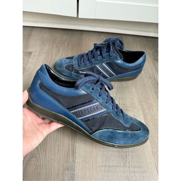 Salvatore Ferragamo Navy Blue Fabric and Leather Lace Up Low Top Sneakers Size 8 - Picture 1 of 11